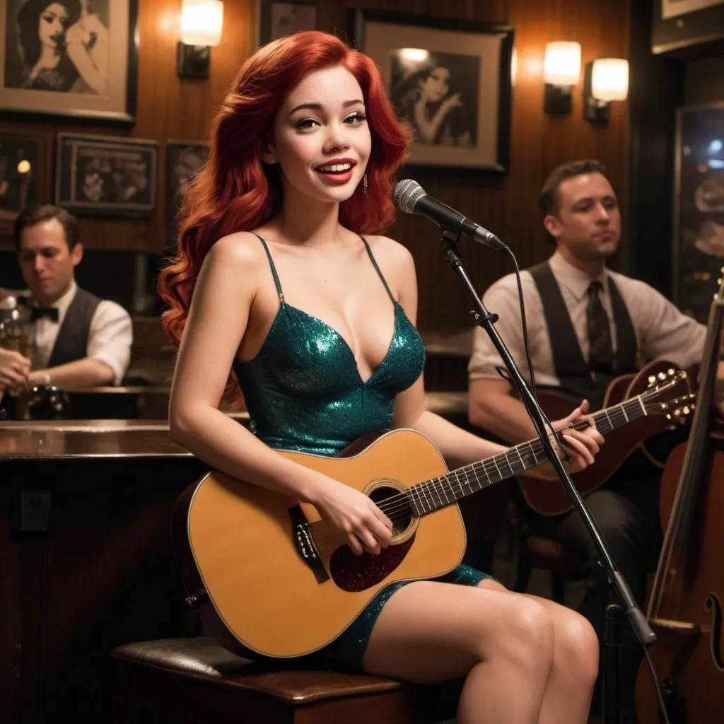 Prompt: (Ariel) singing in a jazz club, sitting down, strumming her acoustic guitar, wearing a (sophisticated, thigh-high slit dress), 