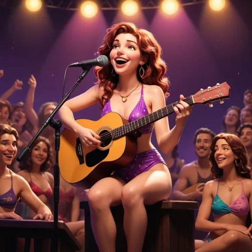 Prompt: Megara (accurately spelled text "Megara"), singing in concert, seated position, wearing a colorful swimsuit, one hand holding a microphone, the other cradling an acoustic guitar, vibrant stage lights illuminating the scene, warm ambiance with a cheerful atmosphere, audience silhouettes in the background, ultra-detailed, high-quality rendering, inviting and whimsical mood.