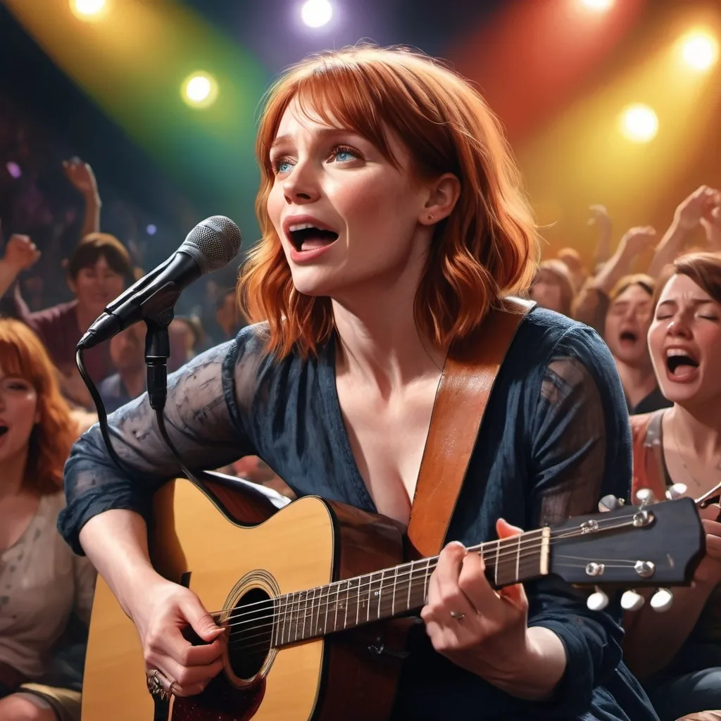 Prompt: (semi-realistic illustration), (Bryce Dallas Howard), singing in concert, playing acoustic guitar, sitting down, messy, juxtaposition of beauty and chaos, emotions of freedom and vulnerability, candid moment, colorful stage lights reflecting, dynamic background crowd energy, 4K and ultra-detailed, striking contrast between music and absurdity.