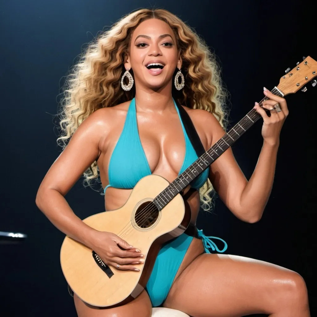 Prompt: Beyonce singing in concert sitting down and strumming her acoustic guitar while wearing swimsuit showing off her legs.