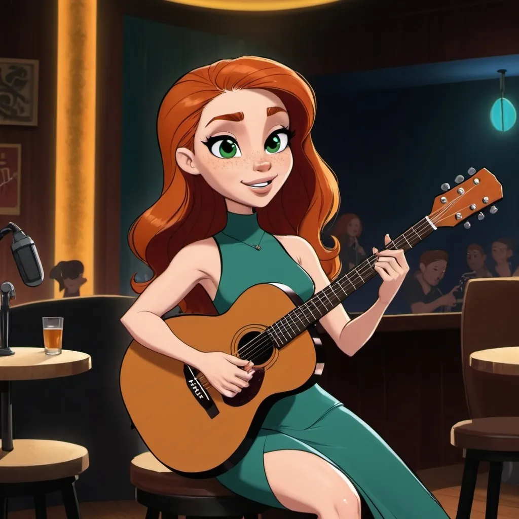 Prompt: (Kim Possible) singing in a jazz club, sitting down, strumming her acoustic guitar, wearing a (sophisticated, thigh-high slit dress),