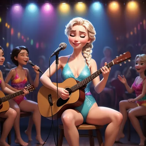 Prompt: Elsa (accurately spelled text "Elsa"), singing in concert, seated position, wearing a colorful swimsuit, one hand holding a microphone, the other cradling an acoustic guitar, vibrant stage lights illuminating the scene, warm ambiance with a cheerful atmosphere, audience silhouettes in the background, ultra-detailed, high-quality rendering, inviting and whimsical mood.