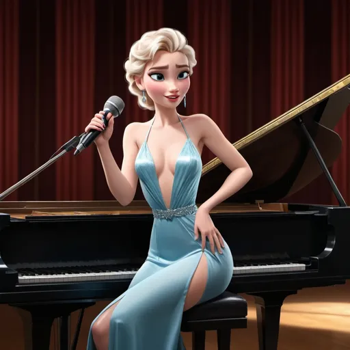 Prompt: Elsa (elegant character), singing passionately into microphone, dressed in a (slit to the thigh and waist dress), lounging gracefully atop a grand piano, dramatic (jazz club ambiance),