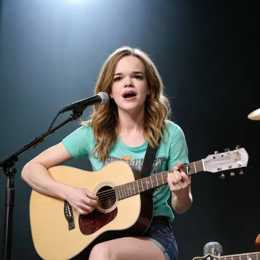 Prompt: Danielle Panabaker singing in concert sitting down strumming her acoustic guitar and wearing short shorts