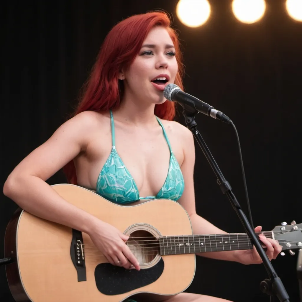 Prompt: Ariel singing in concert sitting down wearing swimsuit one hand holding microphone while other hand is holding her acoustic guitar.