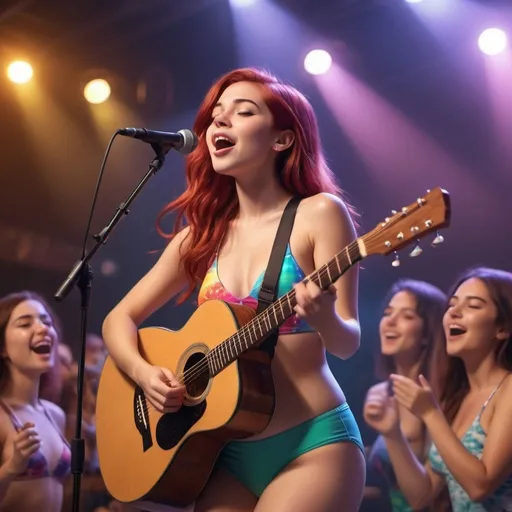 Prompt: (Ariel singing at a concert), vibrant crowd, (energetic atmosphere), wearing a stylish swimsuit, acoustic guitar strapped to her back, dynamic concert lighting, colorful stage effects, excited audience, joyful expressions, 4K ultra-detailed, captivating performance scene, warm ambiance, summer vibe. guitar is strapped to her back.