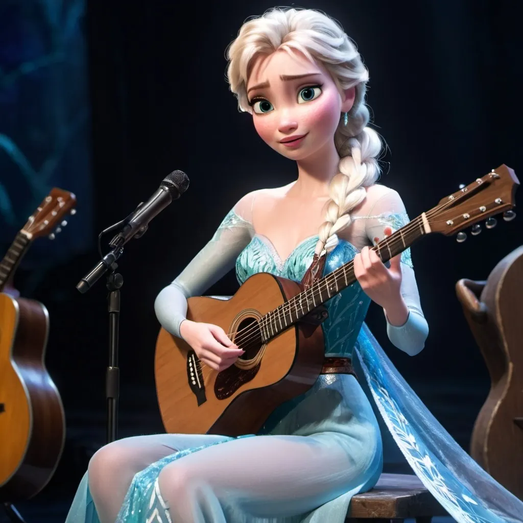 Prompt: Elsa from Frozen singing in concert sitting down strumming her acoustic guitar and wearing a slit to the thigh dress.