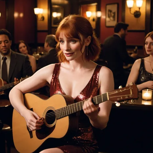 Prompt: (Young Bryce Dallas Howard) singing in a jazz club, sitting down, strumming her acoustic guitar, wearing a (sophisticated, thigh-high slit dress), 