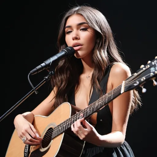 Prompt: Madison Beer singing in concert sitting down strumming her acoustic guitar and wearing a slit to the thigh dress.