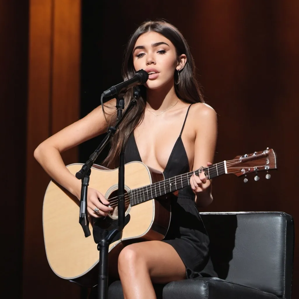 Prompt: Madison Beer singing in concert sitting down strumming her acoustic guitar and wearing a slit to the thigh dress.