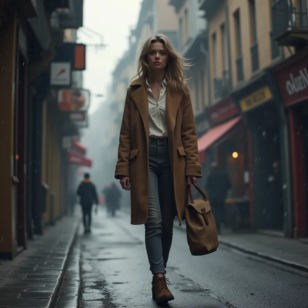 Prompt: Tall young woman walking down the high street, detailed clothing, realistic, natural lighting, during a thunderstorm