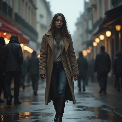 Prompt: Tall young woman walking down the high street, detailed clothing, realistic, natural lighting, during a thunderstorm