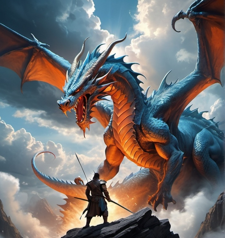 Prompt: In the sky, a dragon surrounds a man and a man stabs a dragon with a spear