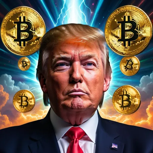 Prompt: (Donald Trump with laser eyes), (heavenly background), vibrant colors, dramatic lighting, bitcoin imagery, coins swirling, visual momentum, ethereal cloud glow, dynamic energy, surrealism, futuristic elements, ultra-detailed, high resolution, captivating ambiance, energetic atmosphere, depicting success, innovation, and wealth.