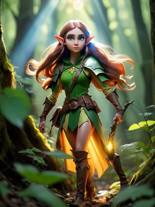 Prompt: Elf ranger in a mystical forest around sunlight