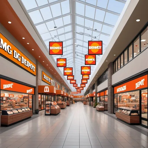 Prompt: Photo real image of a modern outdoor mall where the Following businesses are present: Home Depot, McDonalds, Big 5 Sporting, Burger King, and you must render the brands' signs