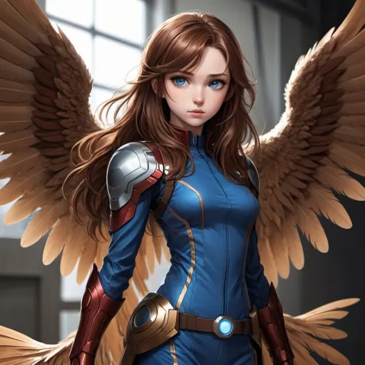 Prompt: Anime style brown hair girl with blue eyes and large brown feathery wings. Standing with the avengers