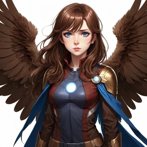 Prompt: Anime style brown hair girl with blue eyes and large brown feathery wings. Standing with the avengers