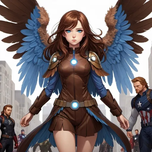 Prompt: Anime style brown hair girl with blue eyes and large brown feathery wings. Standing with the avengers