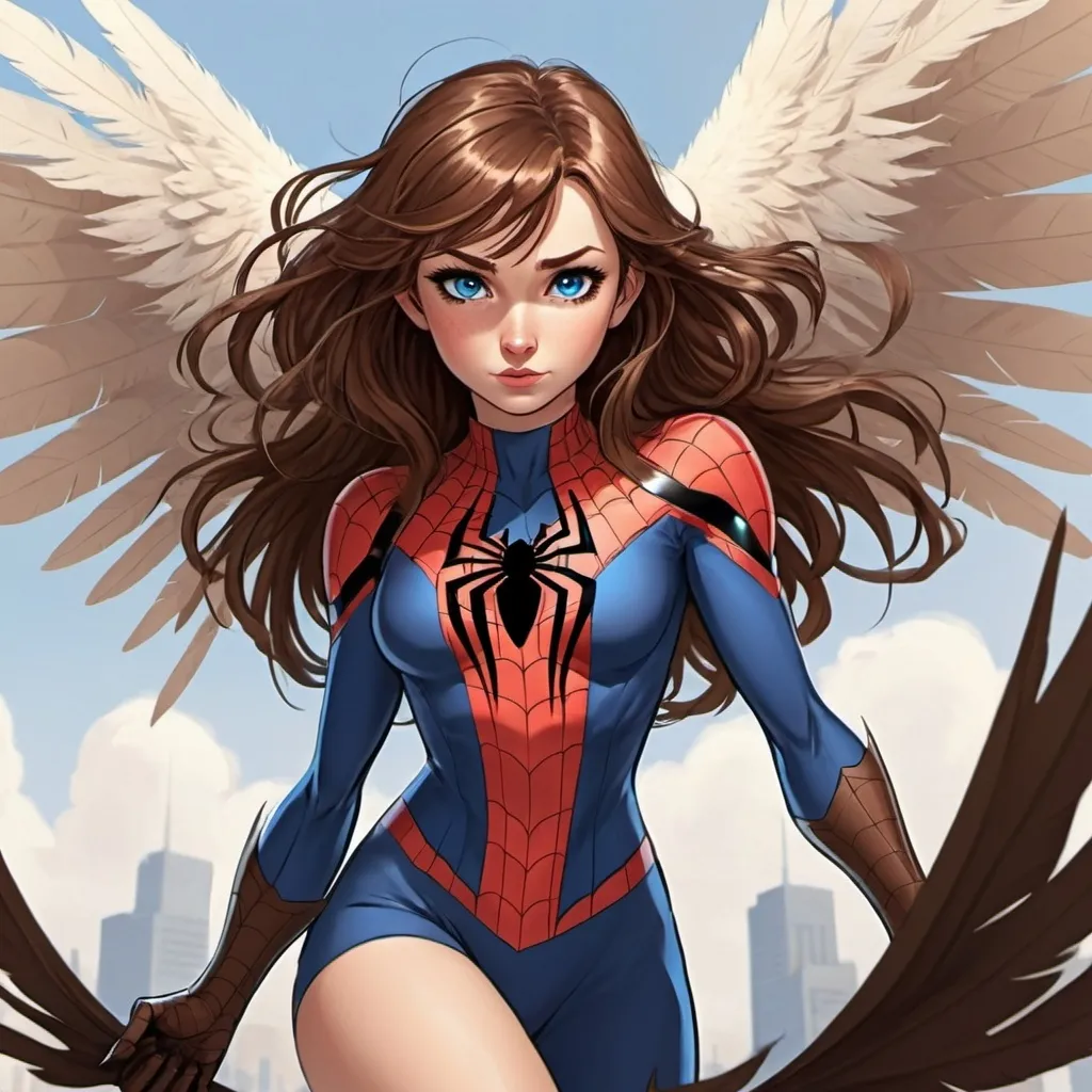 Prompt: Anime style brown hair girl with blue eyes and large brown feathery wings. She is a new avenger. she is flying with spider-man