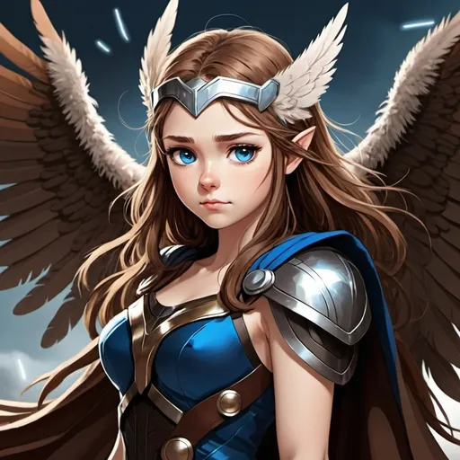 Prompt: Anime style brown hair girl with blue eyes and large brown feathery wings. she is Thor