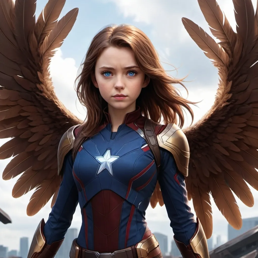 Prompt: Anime style brown hair girl with blue eyes and large brown feathery wings. Standing with the avengers. Endgame movie background