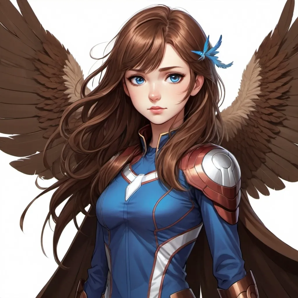 Prompt: Anime style brown hair girl with blue eyes and large brown feathery wings. Standing with the avengers