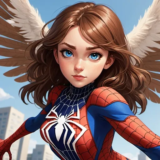 Prompt: Anime style brown hair girl with blue eyes and large brown feathery wings. she is flying with spider-man