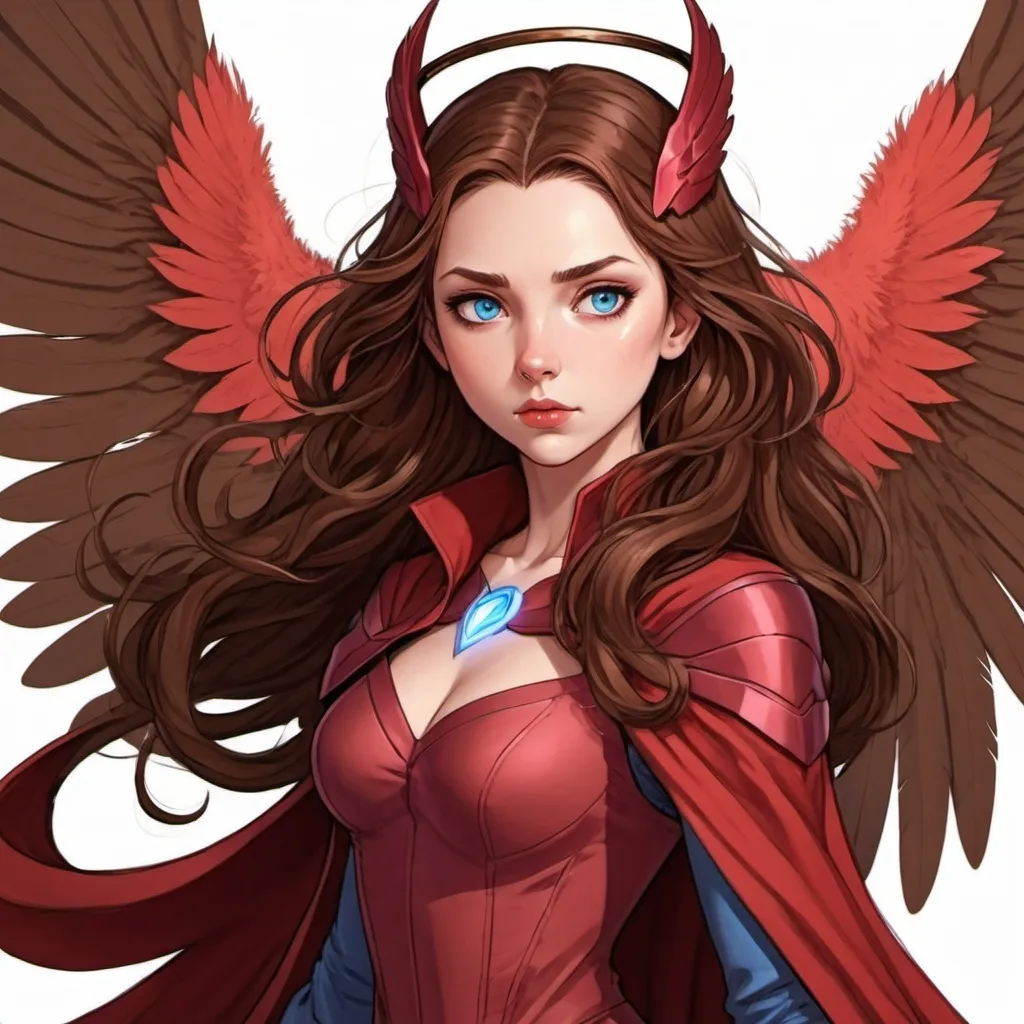 Prompt: Anime style brown hair girl with blue eyes and large brown feathery wings. she is scarlet witch