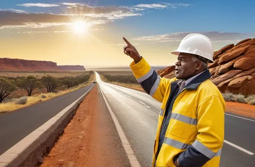 Prompt: a man in a hard hat and yellow jacket pointing at something on a road with other men in the background, Albert Namatjira, lyco art, epic scale, a stock photo
