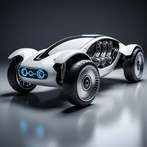 Prompt: "Futuristički automobil s niskim, golim ovjesom, gdje su detalji ovjesa, guma i felgi jasno vidljivi. Dizajn vozila uključuje integrirane mehatroničke elemente – stari zglobovi, pumpe i slične mehaničke komponente, koji podsjećaju na retro-industrijski stil, ali s modernim linijama. Svaka komponenta odiše robotičkom preciznošću. Pozadina je minimalistička, s kontrastnim osvjetljenjem koje naglašava tehničku kompleksnost i umjetničku fuziju starog i novog."

