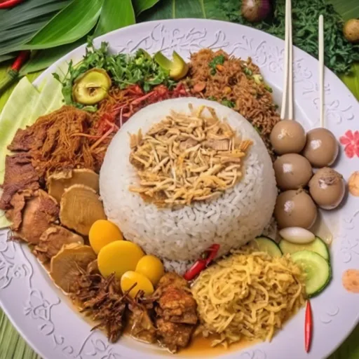 Prompt: Nasi Liwet Ayam dan Telur Puyuh