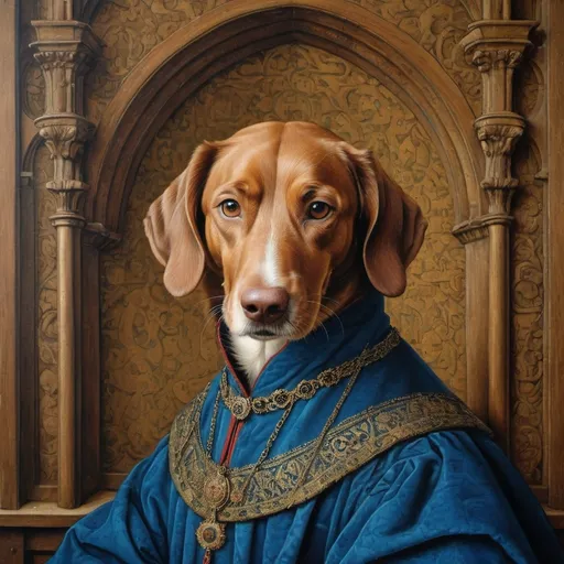 Prompt: Portrait Painting by Van Eyck,amazingly intricate,detailed background, dog, short hair, bayerischer, happy, historic, renesaince