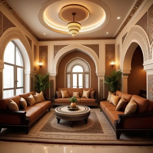 Prompt: Luxury apartment (Islamic style design), ornate patterns, intricate mosaics, elegant arches, lush worldly textiles, warm earthy tones, hints of gold and silver accents, ambient soft lighting, spacious and airy layout, inviting atmosphere, luxurious furniture, tranquil surrounding with decorative plants, ultra-detailed, cozy elegance, high-end finishes, modern amenities in traditional design, inviting decor, rich cultural elements.