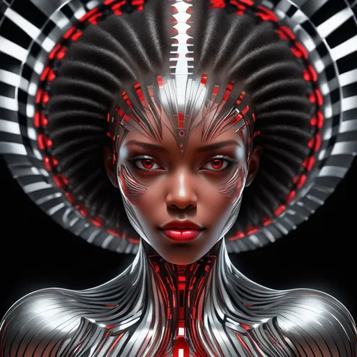 Prompt: (Kaleidoscopic Visions' of an ebony female, where reality fractures and reforms in kaleidoscopic patterns of metallic silver and circuit red in the style of CkCreative
), (Op Art Movement), (V-Ray), Iridescent, (Unparalleled Quality), Post-processing, Abstract Dark Background, Conceptual Ideas