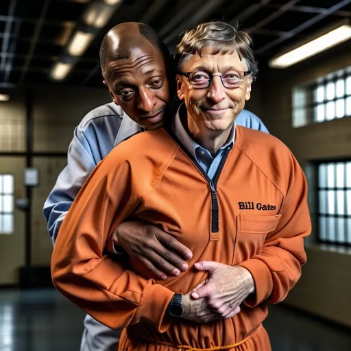 Prompt: Photorealistic image of Bill Gates in a prisoner's jumpsuit, embraced by a massive multicultural male cellmate, detailed facial features, realistic textures, professional photorealism, high quality, embraces, emotions, detailed facial expressions, realistic lighting, textured fabrics, multicultural, intense storytelling, emotive composition, detailed environment