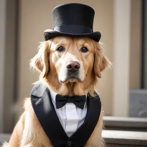 Prompt: Golden retriever looking like a professional banker with suit and tie and top hat