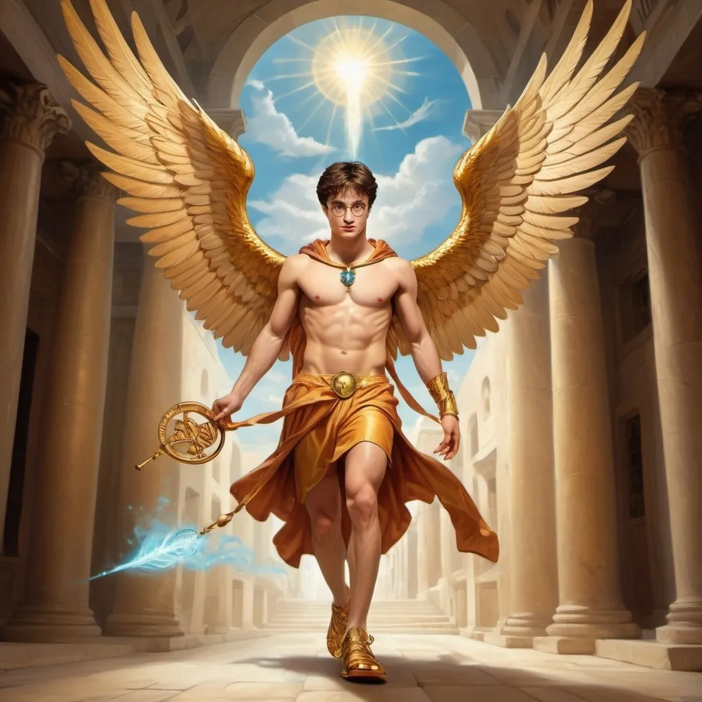 Prompt: Harry Potter as the Greek God Hermes