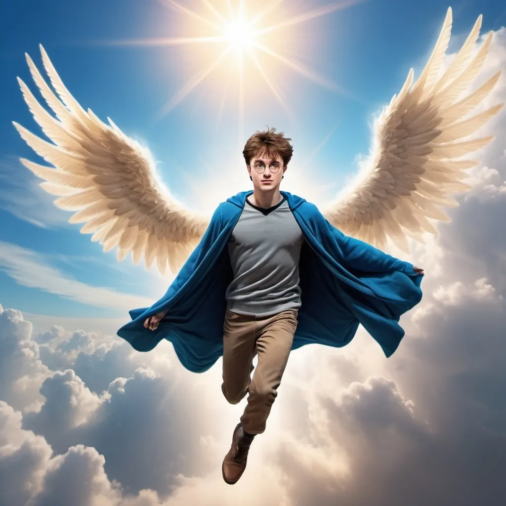 Prompt: Harry Potter as the Greek God Hermes in flight