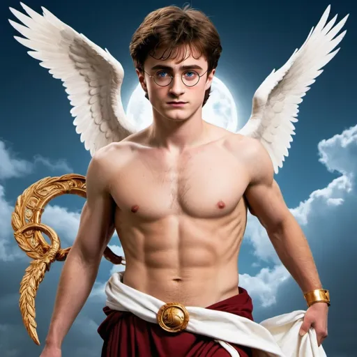 Prompt: Harry Potter as the Greek God Hermes
