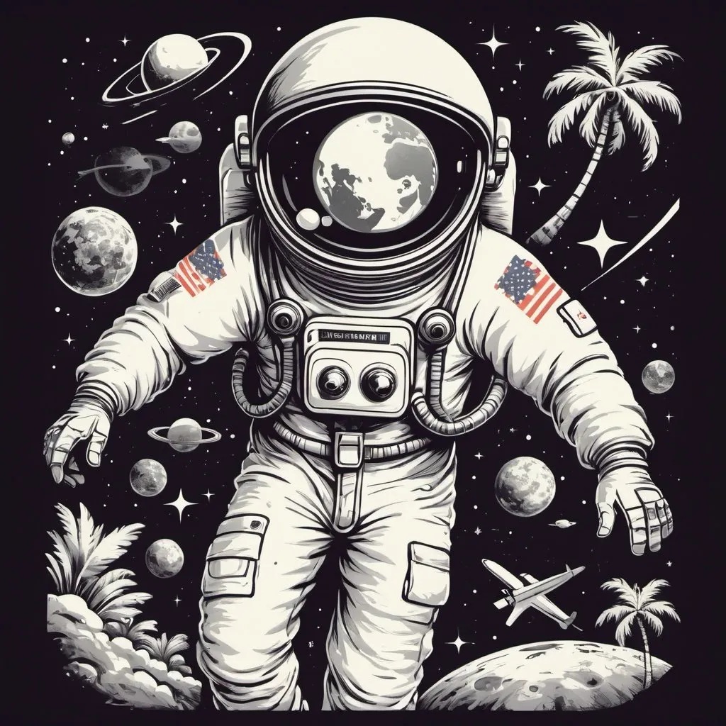 Prompt: Illustrated design of flat vintage Hawaiian shirt with retro astronaut floating in space as main image on front of shirt.  Space objects floating around, add palm trees, RX symbol, $ symbol, lists of graffiti images and wild typography with words like "PIONEER RX" "CONNECT" vector, solid white background, simple color palette