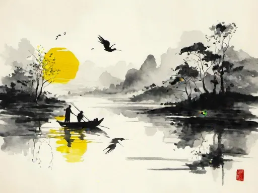 Prompt: <mymodel>I need white background, one tree, a river, a boat, some birds, all design black. With some yellow details. Should be cheerful.
