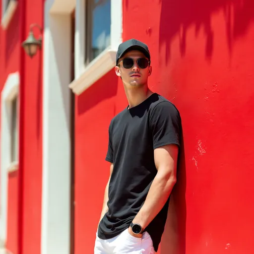 Prompt: A young man confidently poses against a backdrop of vibrant red walls adorned with white trim, embodying a casual yet stylish demeanor. Wearing a black short-sleeved shirt and white pants, he pairs his outfit with a baseball cap and sunglasses, adding an edge to his relaxed look. His hand rests casually in his pocket as he gazes thoughtfully into the distance, radiating a sense of self-assuredness. The scene captures a sunlit outdoor setting, where the warm ambiance emphasizes the vivid colors of the architecture, inviting a feeling of urban charm and leisurely exploration. The overall composition frames him against the lively backdrop, highlighting the interplay of color and style in a moment that feels both personal and atmospheric.
