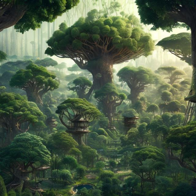 Prompt: a vast treehouse city built in an ancient forest, many trees, 8 k, shallow depth of field, intricate detail, concept art, hi res, ultra detail, green