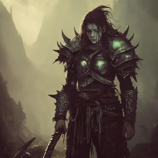 Prompt: Tired, lazy warrior, fantasy art style, worn-out armor, dreamy atmosphere, magical sword, mystical background, fantasy, highres, detailed, atmospheric, fantasy art, weary warrior, worn armor, dreamy lighting