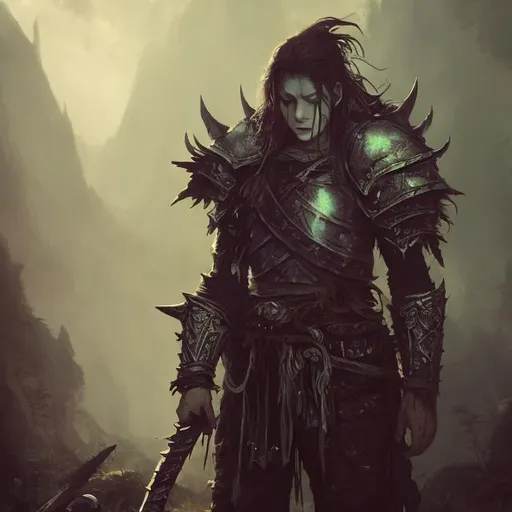 Prompt: Tired, lazy warrior, male, fantasy art style, worn-out armor, dreamy atmosphere, magical sword, mystical background, fantasy, highres, detailed, atmospheric, fantasy art, weary warrior, worn armor, dreamy lighting