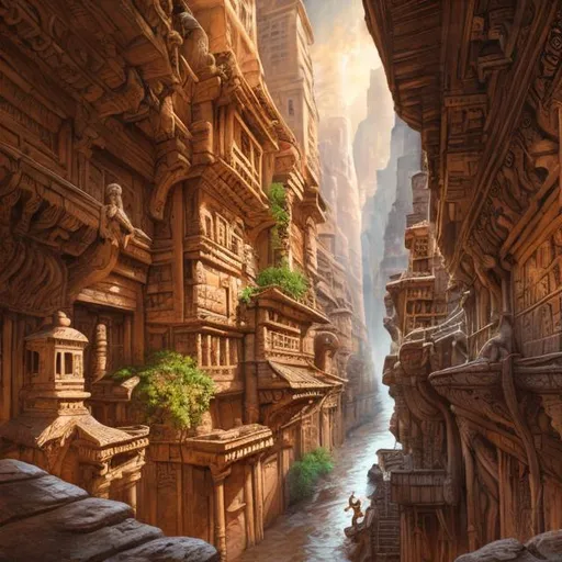Prompt: city carved into base of canyon, buildings attached to the walls, carved reliefs in the walls, small river, chiseled city, chiseled details, carved buildings, dessert, fantasy art, hi res, ultra high detail, 2d digital painting