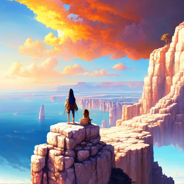 Prompt: person on cliff overlooking vast landscape, white desert, dry, landscape, small 
mountains on the horizon, magical elements, digital painting, fantasy art