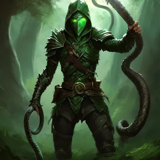 Prompt: small scrawny man, leather armor, left hand holding a whip weapon, snake features, slim build, small muscles, green, magic whip, fantasy art style, hi res, wild forrest background, fantasy, detailed, atmospheric, fantasy art