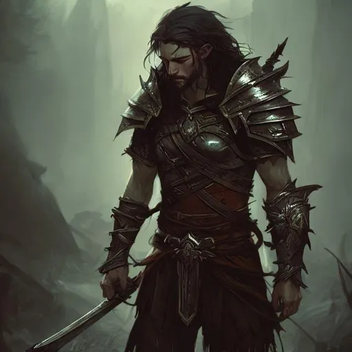 Prompt: Tired, lazy warrior, man, half-elf, fantasy art style, worn-out armor, dreamy atmosphere, magical sword, mystical background, fantasy, highres, detailed, atmospheric, fantasy art, weary warrior, worn armor, dreamy lighting